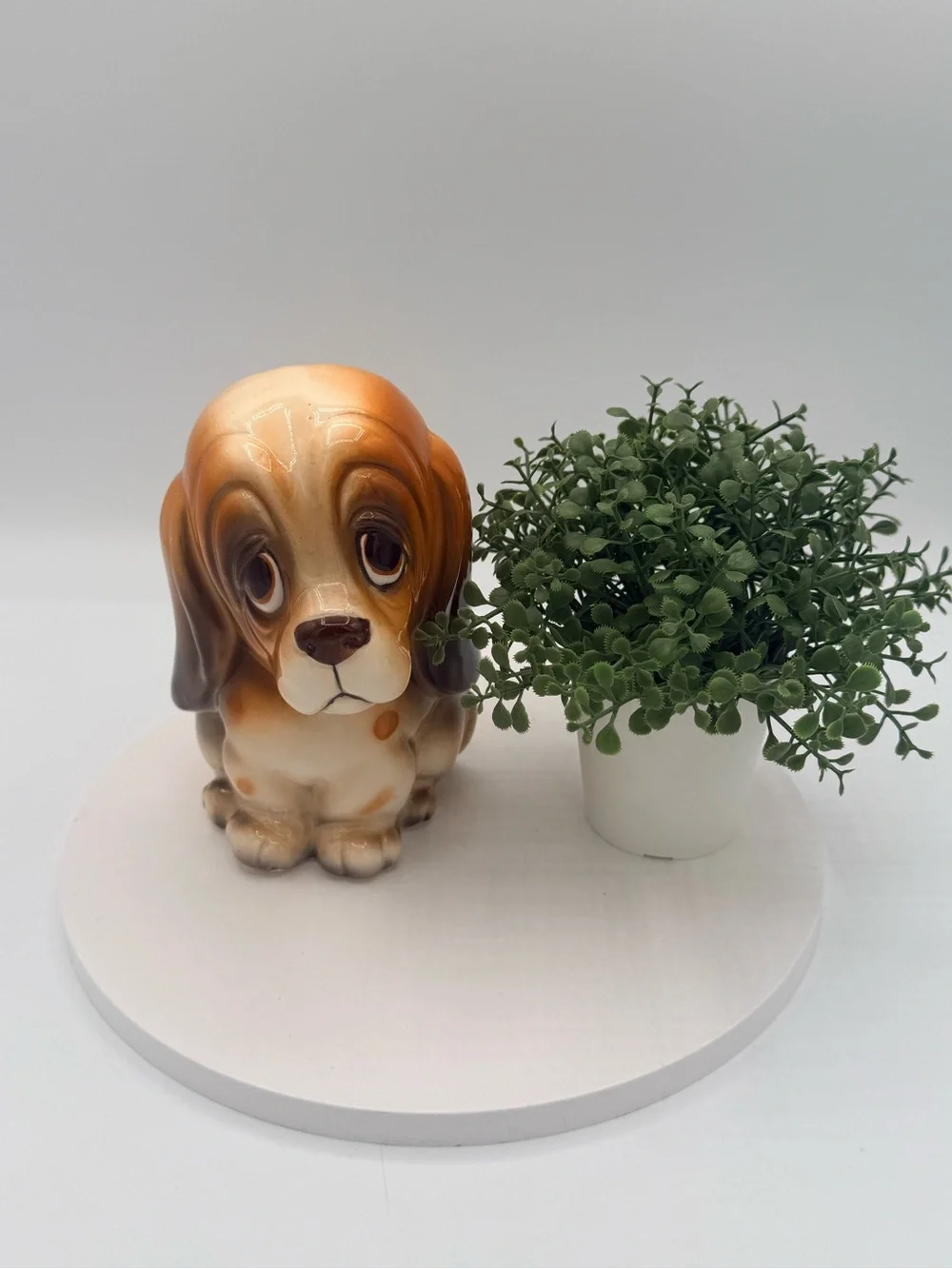 Vintage MCM Ceramic Basset Hound Dog Coin Bank Sad Droopy Eyes Kitsch